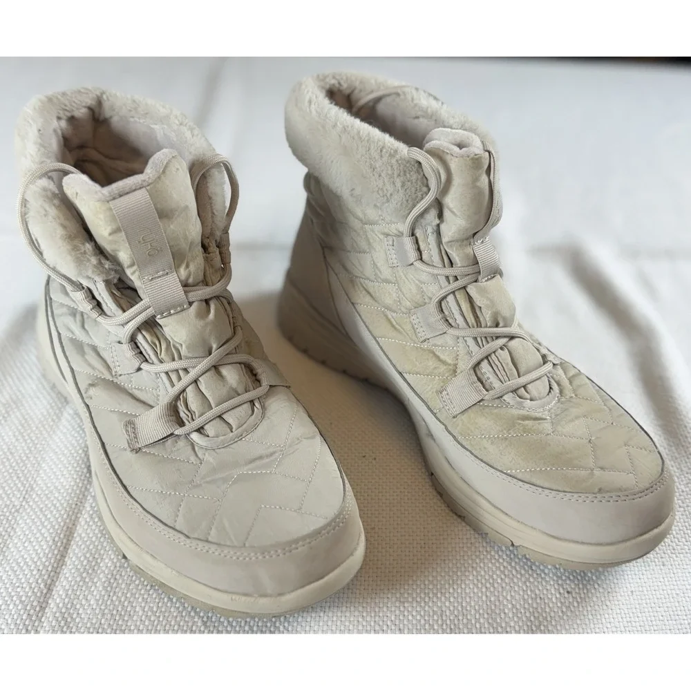 Ryka Aubonne Lace Shoes Womens Size 10M Beige Faux Fur Quilted Winter Boots Warm